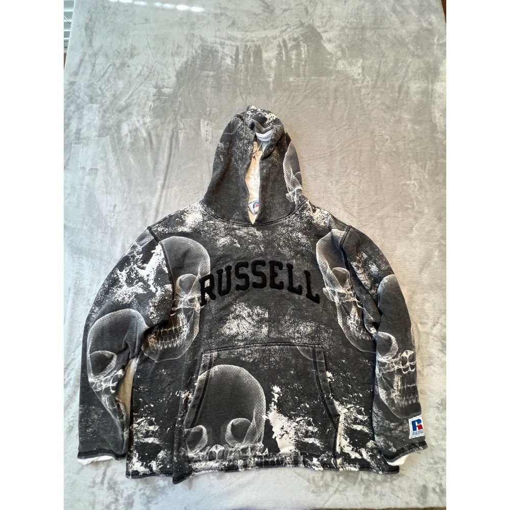 Russell Athletic Mens Hoodie M Gray White ASAP Worldwide Skull  Graphic Pullover